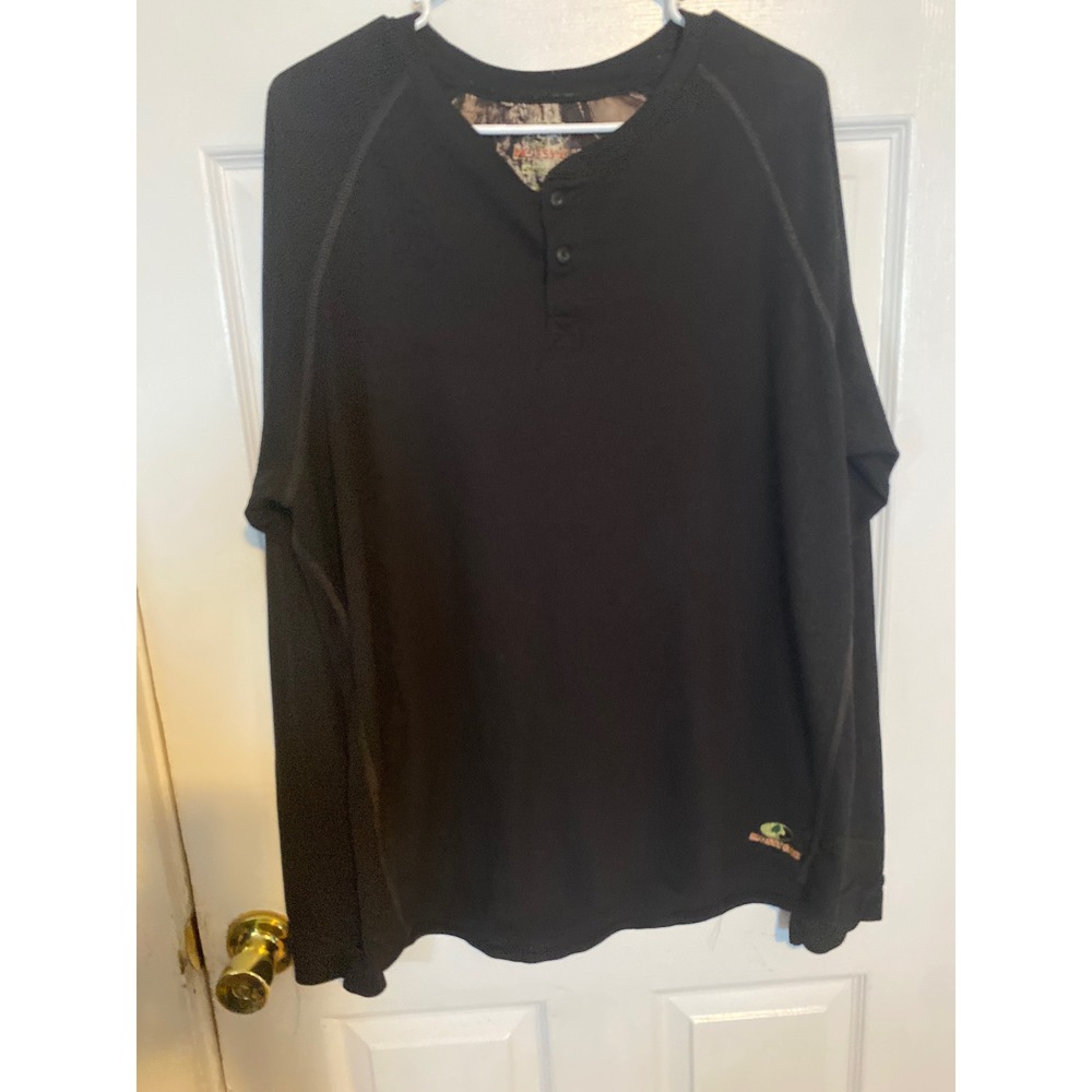 Mossy Oak Mens XL Black Waffle Knit Thermal Henley Long Sleeve Shirt Camo Trim